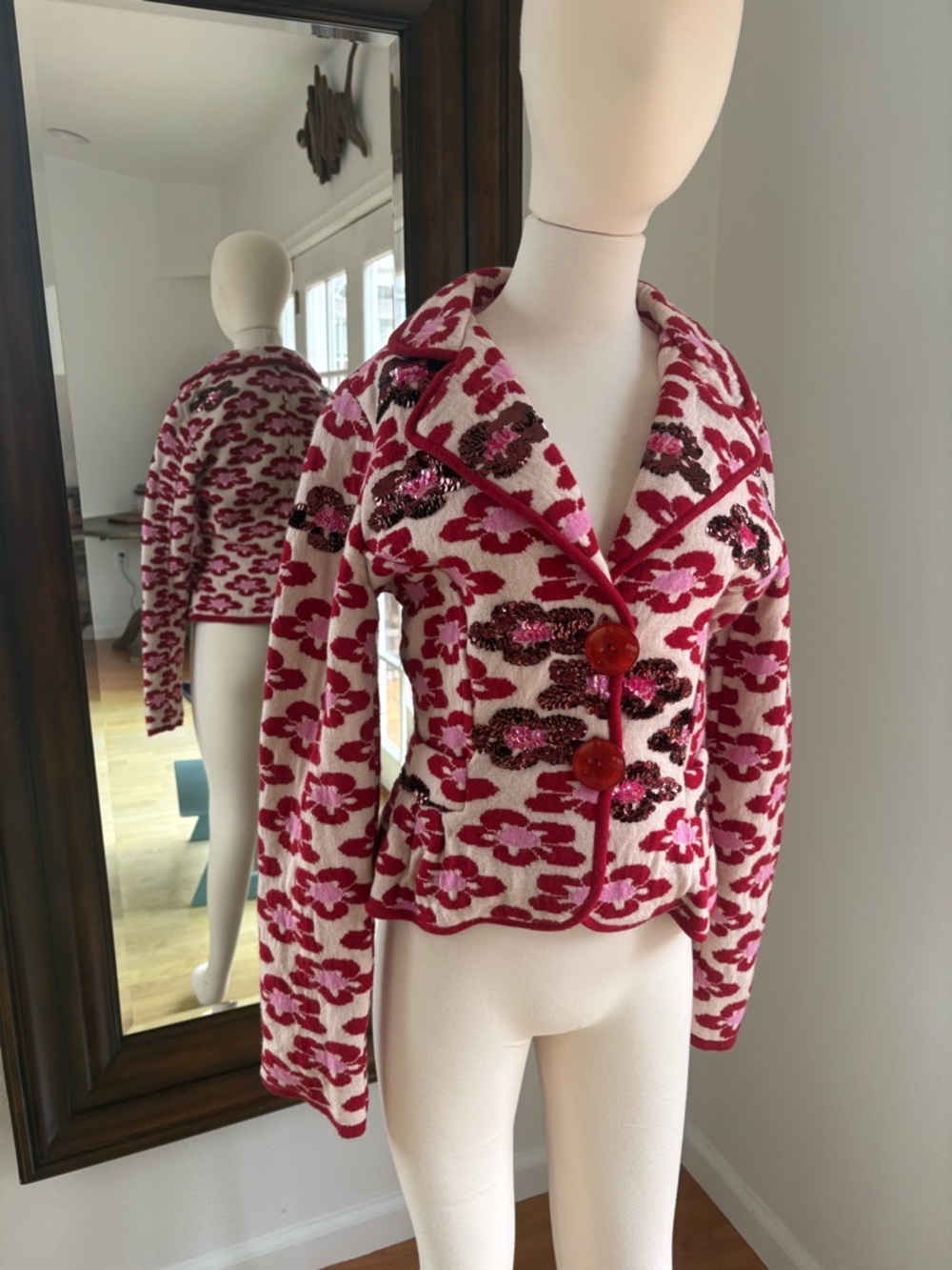 Twin-Set Pink Floral Knit Blazer with Sequined Accents - Silk, cashmere, wool